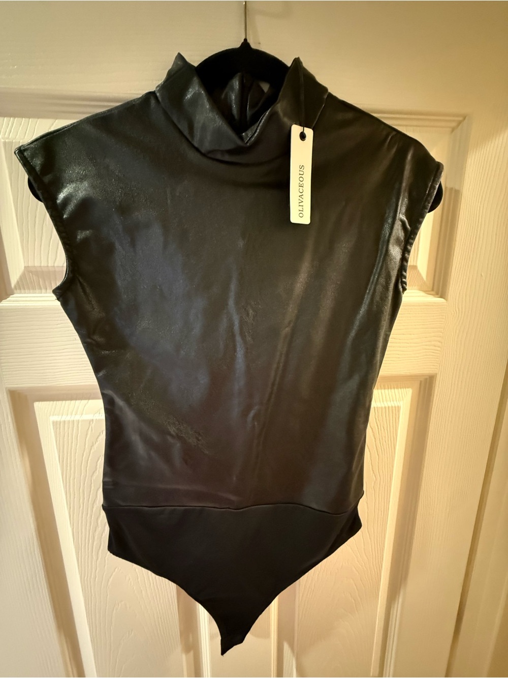 Olivaceous Black Faux-Leather Cap-Sleeve Turtleneck Bodysuit